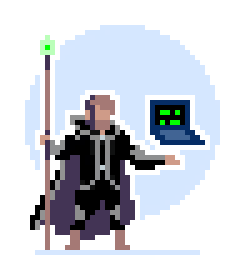 A pixel art wizard offering a floating laptop